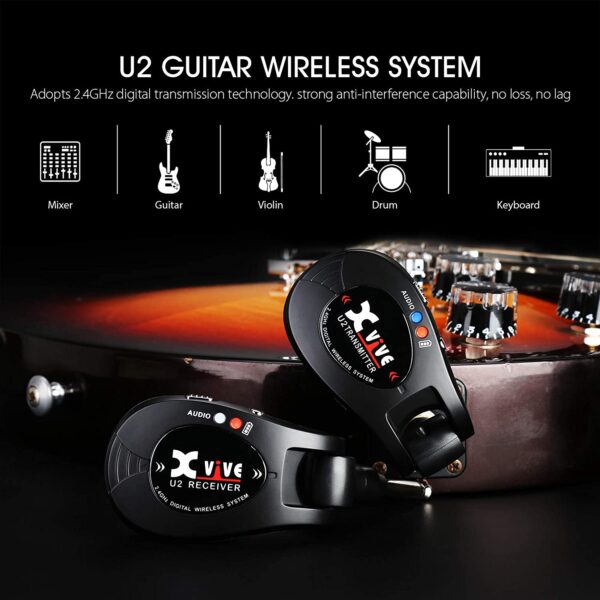 Xvive U2 rechargeable 2.4GHZ Wireless Guitar System Digital Transmitter Receiver for Electric Guitar Bass Violin Silver 
