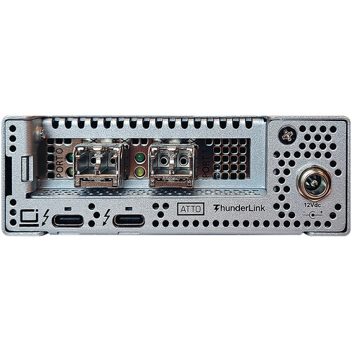 ATTO ThunderLink 5252 dual-port 25GbE SFP28 Thunderbolt 5 adapter – rear connections